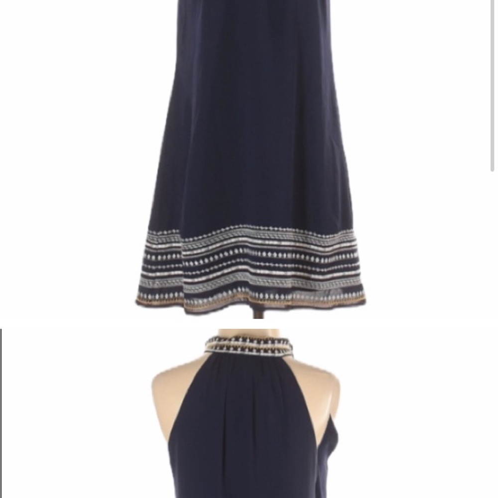 THML Navy Mini Halter Dress with Embroidered white and yellow Hem and collar